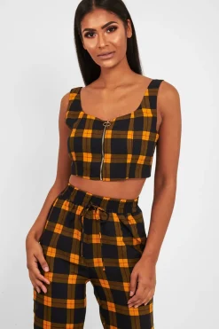 Rebellious Fashion Mustard Tartan Crop Top Cuffed Trousers Co-Ord - Kila