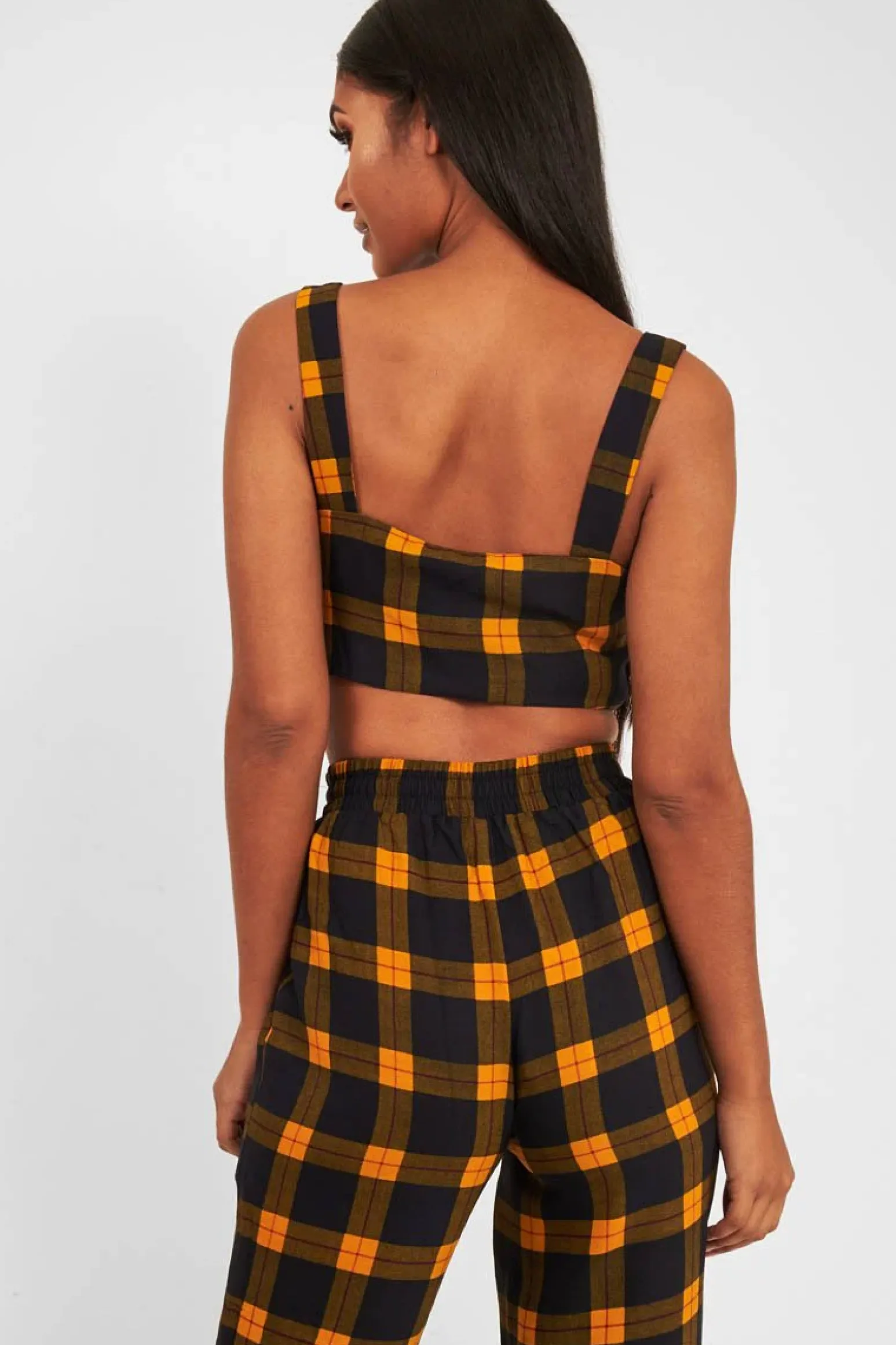 Rebellious Fashion Mustard Tartan Crop Top Cuffed Trousers Co-Ord - Kila