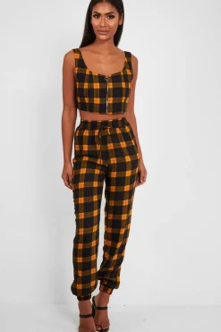 Rebellious Fashion Mustard Tartan Crop Top Cuffed Trousers Co-Ord - Kila