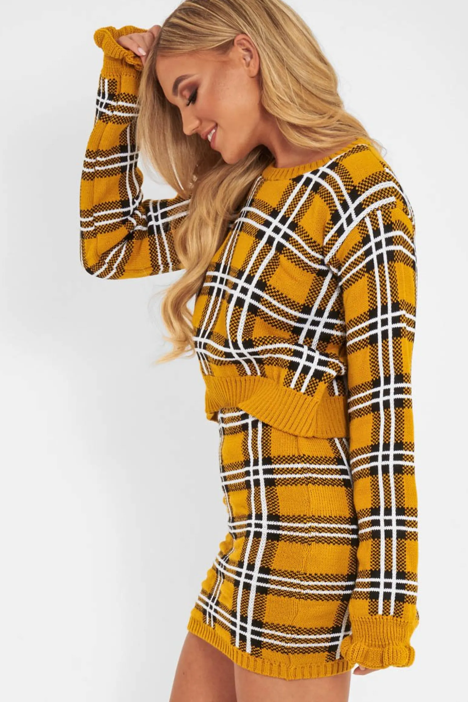 Rebellious Fashion Mustard Tartan Frill Cuff Knit Jumper - Jarae