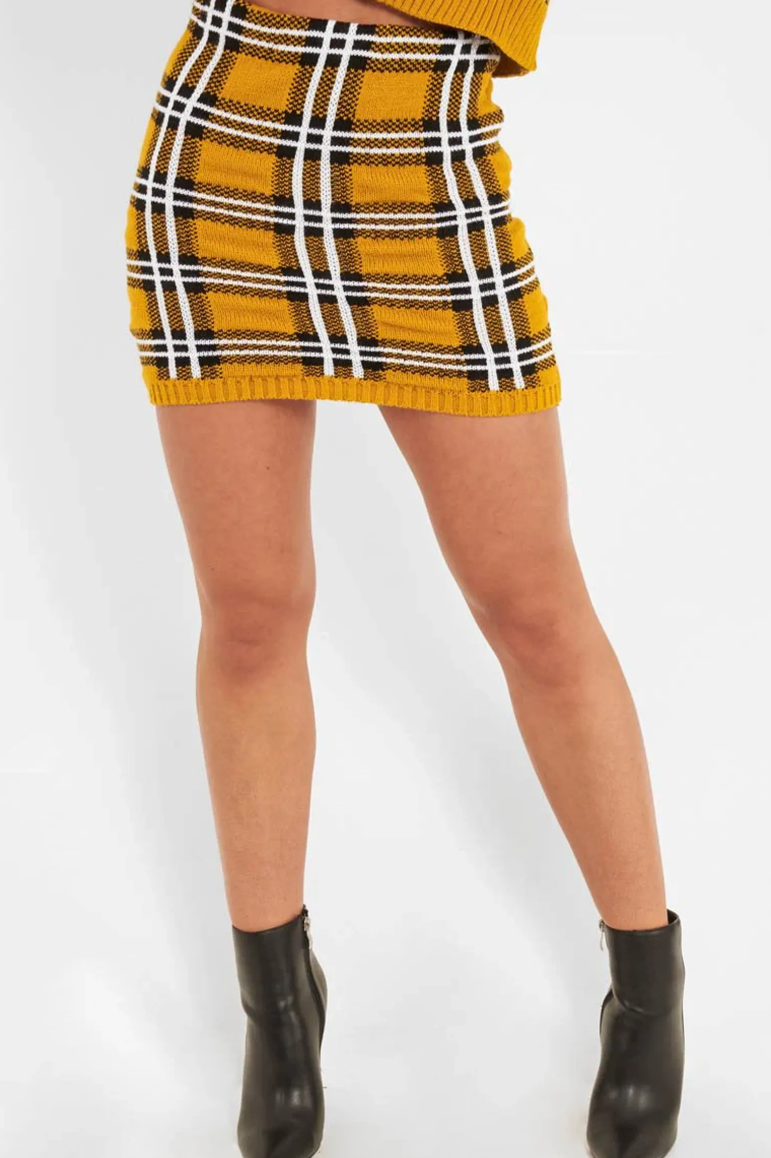 Rebellious Fashion Mustard Tartan Knit Mini Skirt - Chantelle