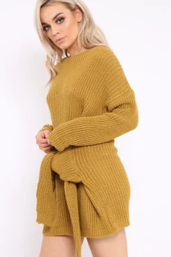 Rebellious Fashion Mustard Tie Front Knitted Jumper Dress - Harley