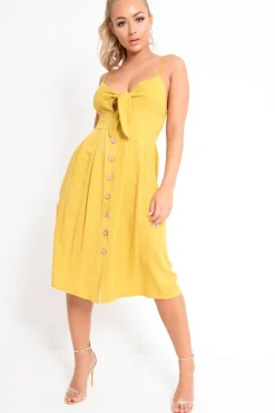 Rebellious Fashion Mustard Tie Front Midi Dress - Onida