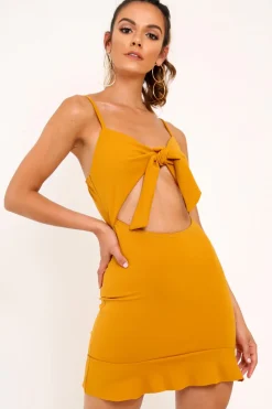 Rebellious Fashion Mustard Tie Front Ruffle Hem Mini Dress - Darianna