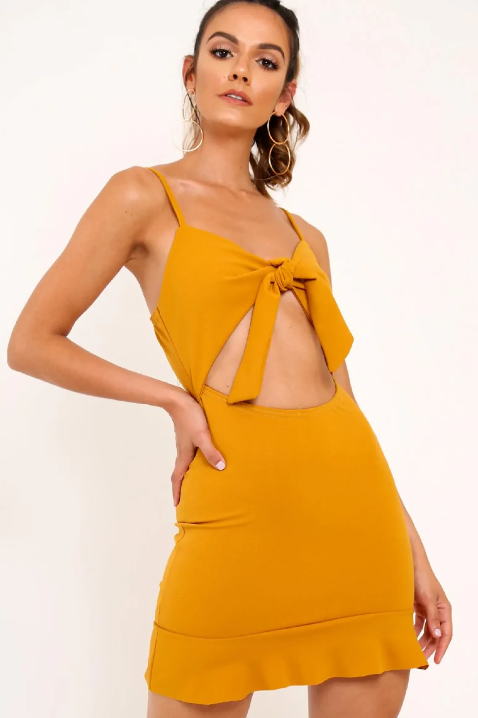 Rebellious Fashion Mustard Tie Front Ruffle Hem Mini Dress - Darianna