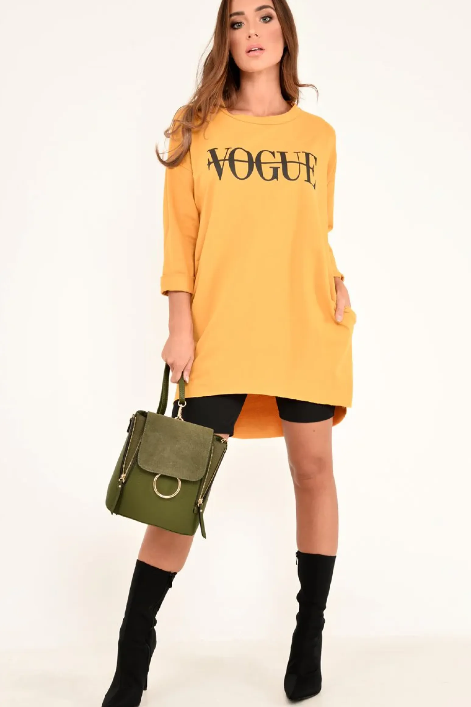 Rebellious Fashion Mustard Vogue Slogan Oversized Jumper - Bray