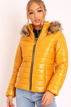 Rebellious Fashion Mustard Wet Look Puffer Coat - Soph