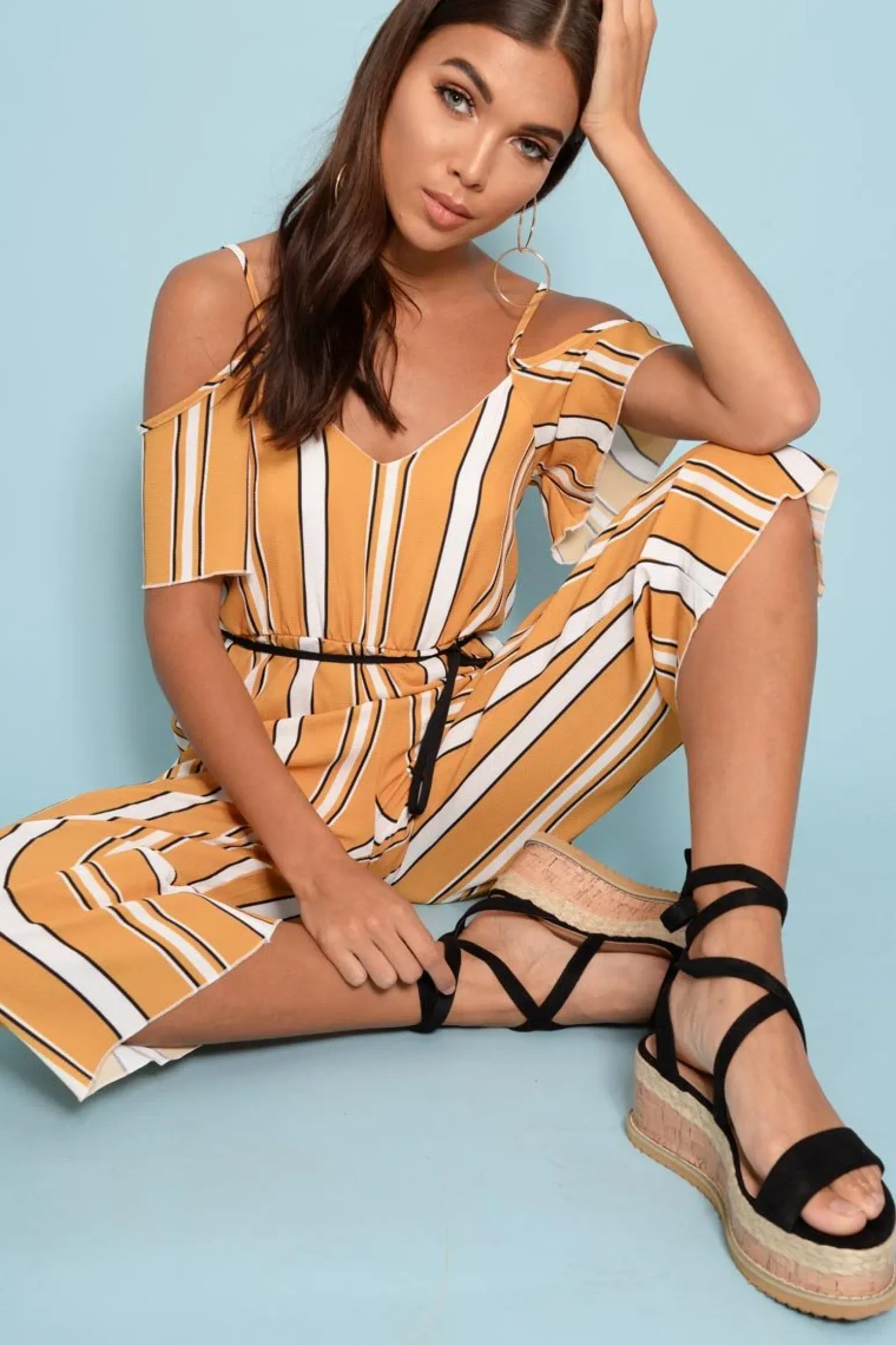 Rebellious Fashion Mustard White and Black Stripe Bardot Jumpsuit - Bonita