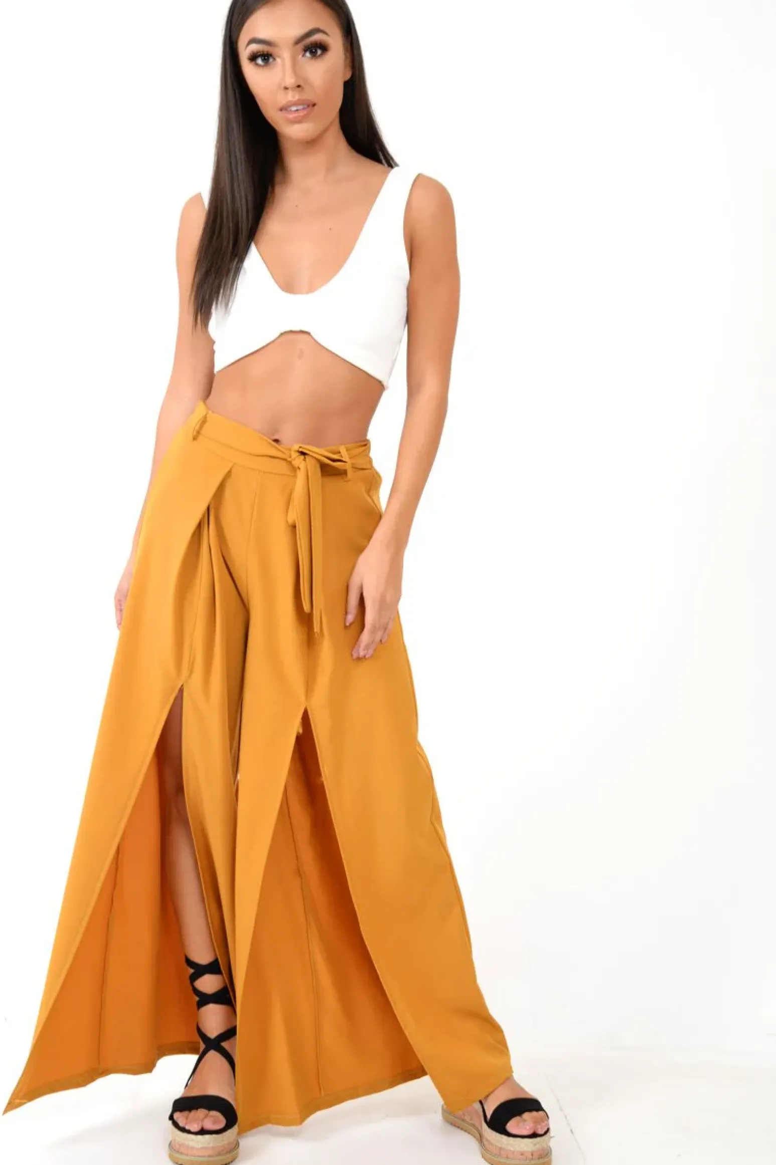 Rebellious Fashion Mustard Wide Leg Belted Split Front Trousers - Aamira
