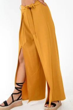 Rebellious Fashion Mustard Wide Leg Belted Split Front Trousers - Aamira