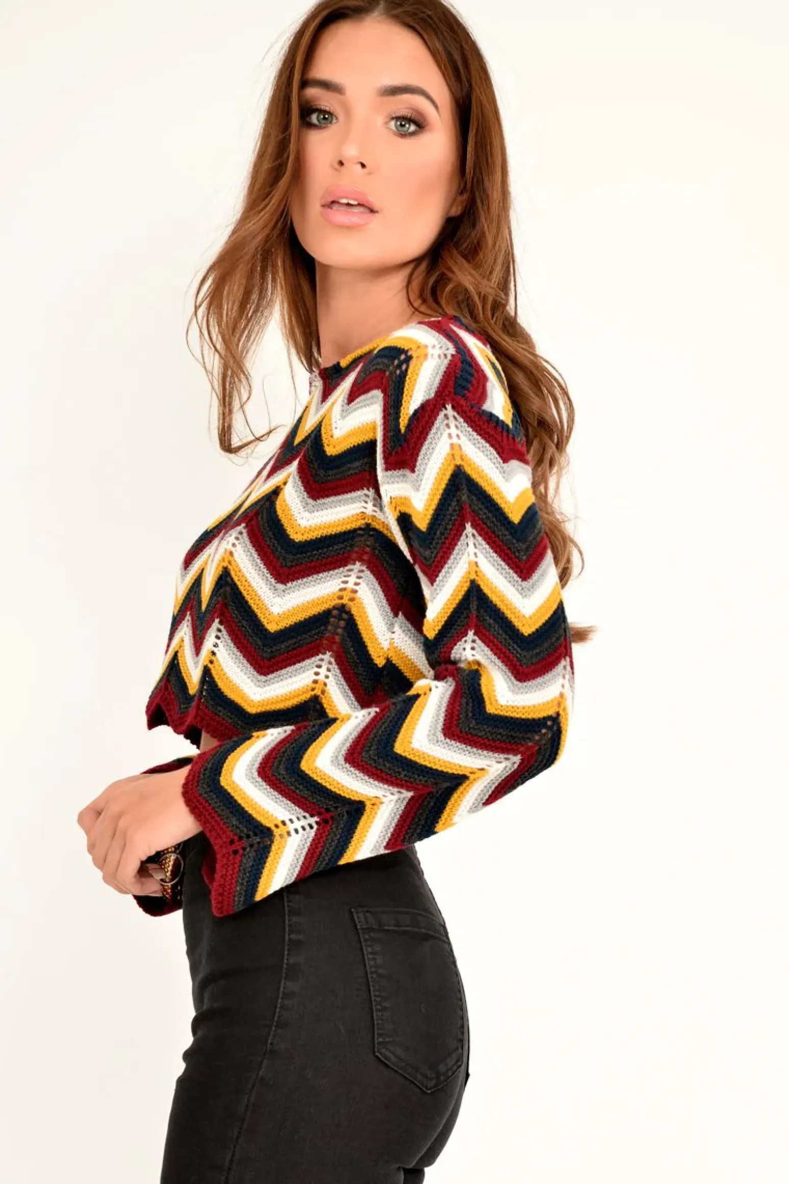 Rebellious Fashion Mustard Wine Chevron Knit Crop Jumper - Stevi