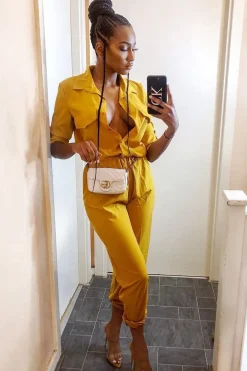 Rebellious Fashion Mustard Woven Button Down Boiler Jumpsuit - Janise