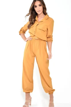 Rebellious Fashion Mustard Woven Button Down Boiler Jumpsuit - Janise