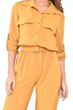 Rebellious Fashion Mustard Woven Button Down Boiler Jumpsuit - Janise