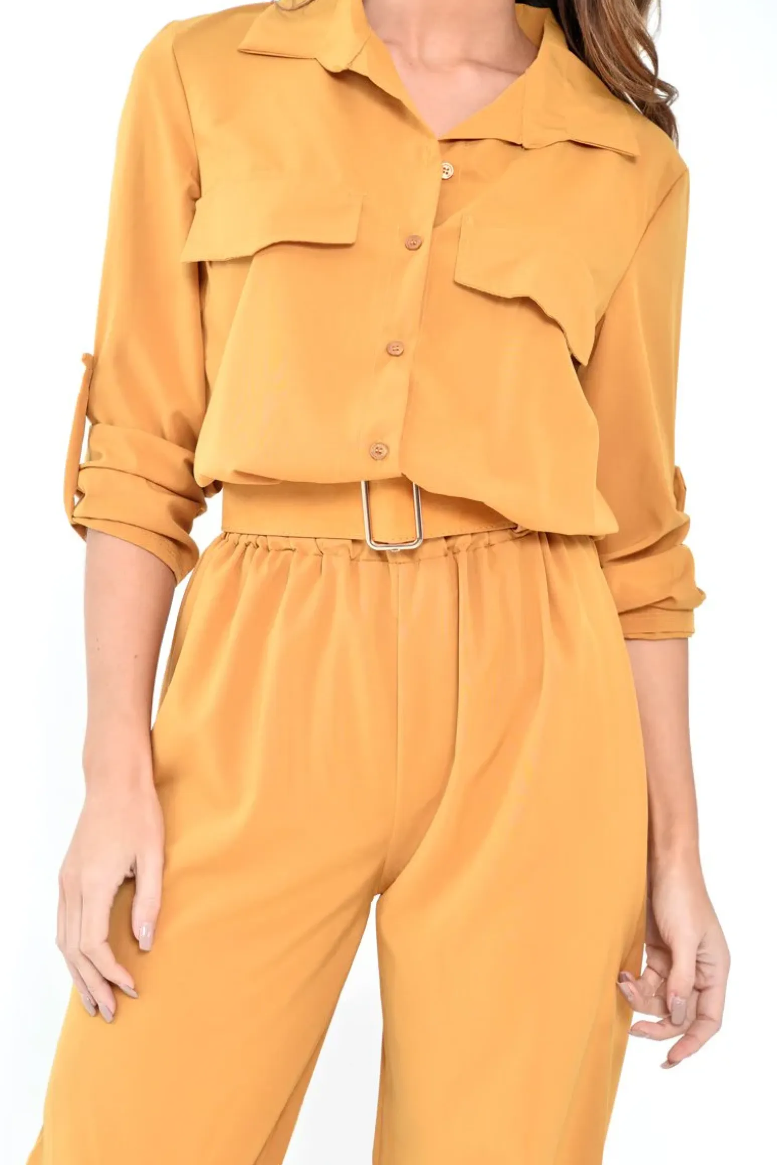 Rebellious Fashion Mustard Woven Button Down Boiler Jumpsuit - Janise