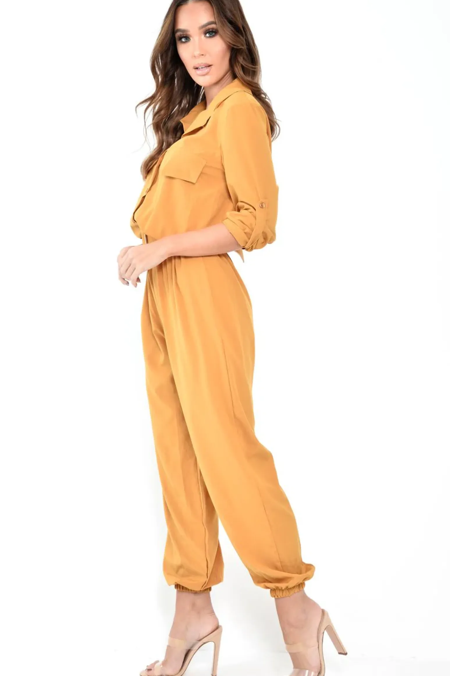 Rebellious Fashion Mustard Woven Button Down Boiler Jumpsuit - Janise