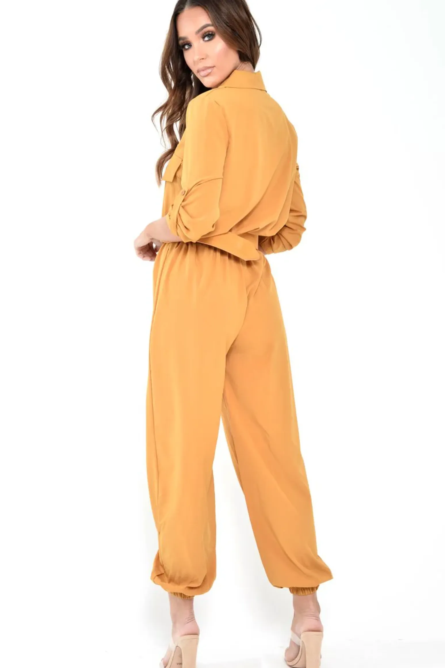 Rebellious Fashion Mustard Woven Button Down Boiler Jumpsuit - Janise