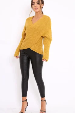 Rebellious Fashion Mustard Wrap Front Cable Knit Jumper - Melia
