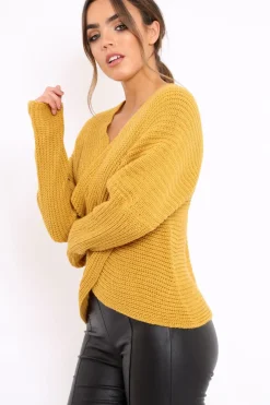 Rebellious Fashion Mustard Wrap Front Cable Knit Jumper - Melia