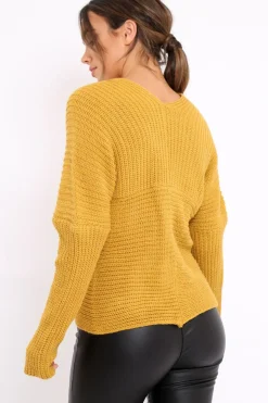 Rebellious Fashion Mustard Wrap Front Cable Knit Jumper - Melia
