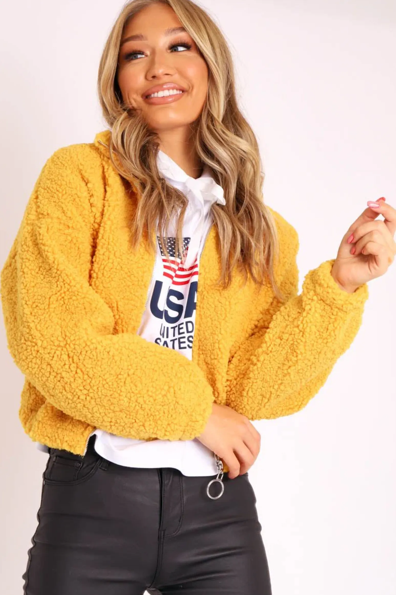 Rebellious Fashion Mustard Zip Front Teddy Jacket - Elena