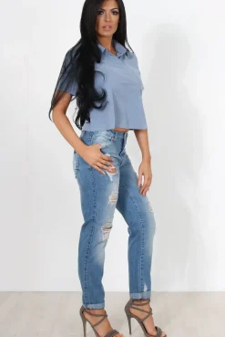 Rebellious Fashion Narz Blue Cropped Button Up Shirt