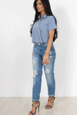 Rebellious Fashion Narz Blue Cropped Button Up Shirt