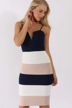 Rebellious Fashion Navy & White V-Front Midi Dress - Helene