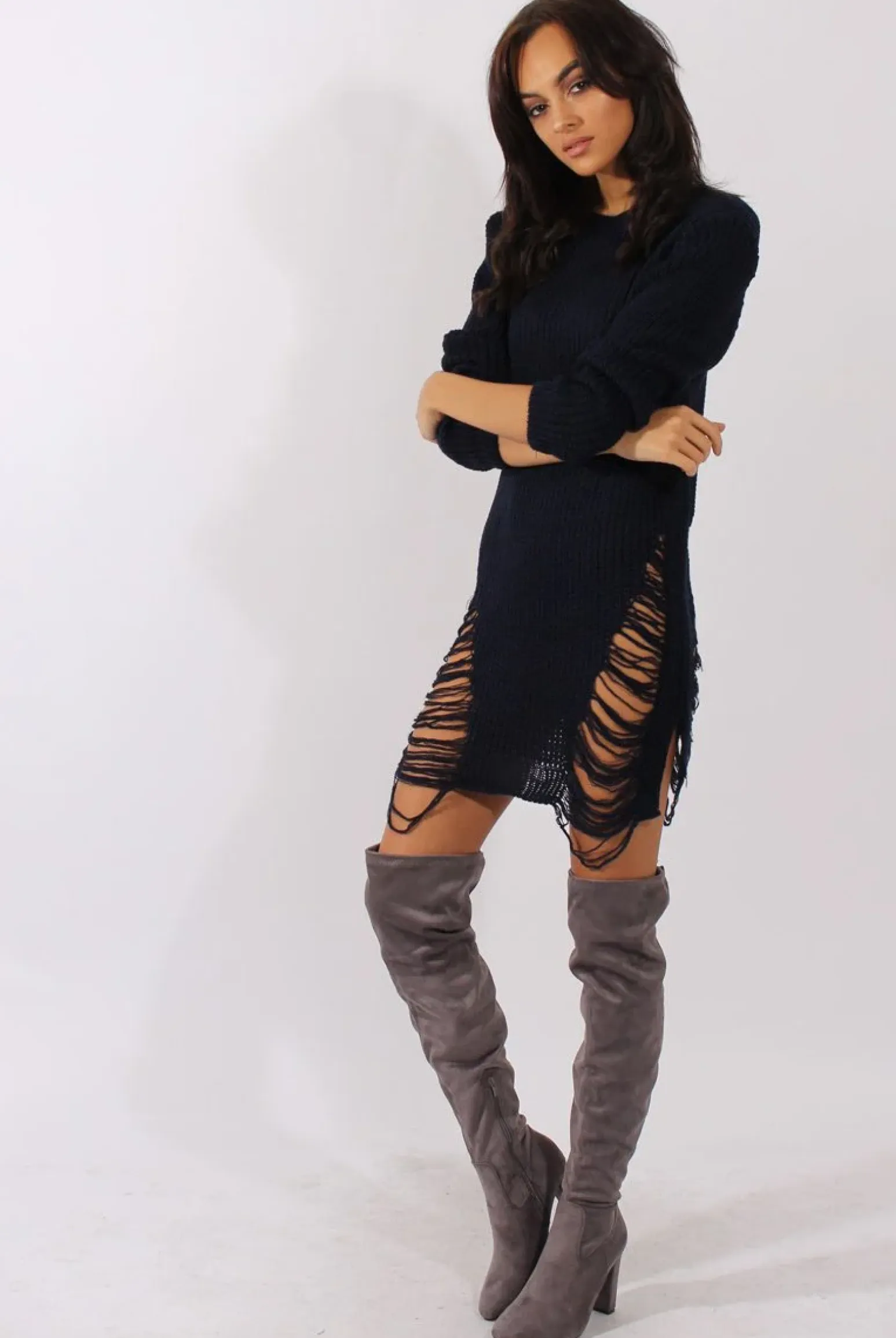 Rebellious Fashion Navy Distressed Jumper Dress - Kim