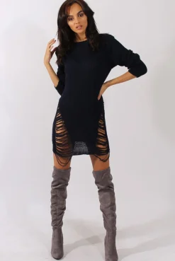 Rebellious Fashion Navy Distressed Jumper Dress - Kim