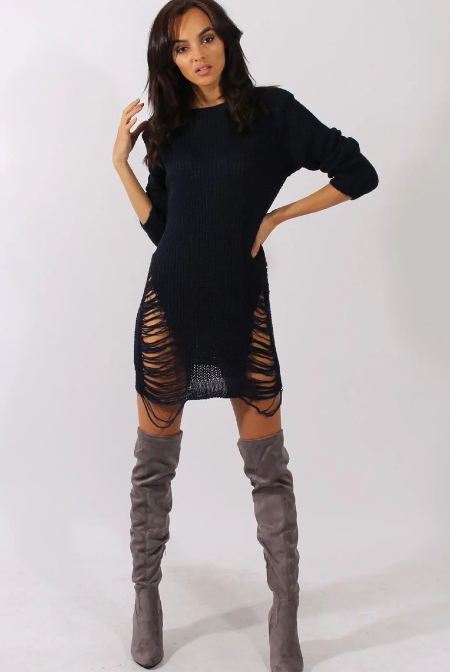 Rebellious Fashion Navy Distressed Jumper Dress - Kim