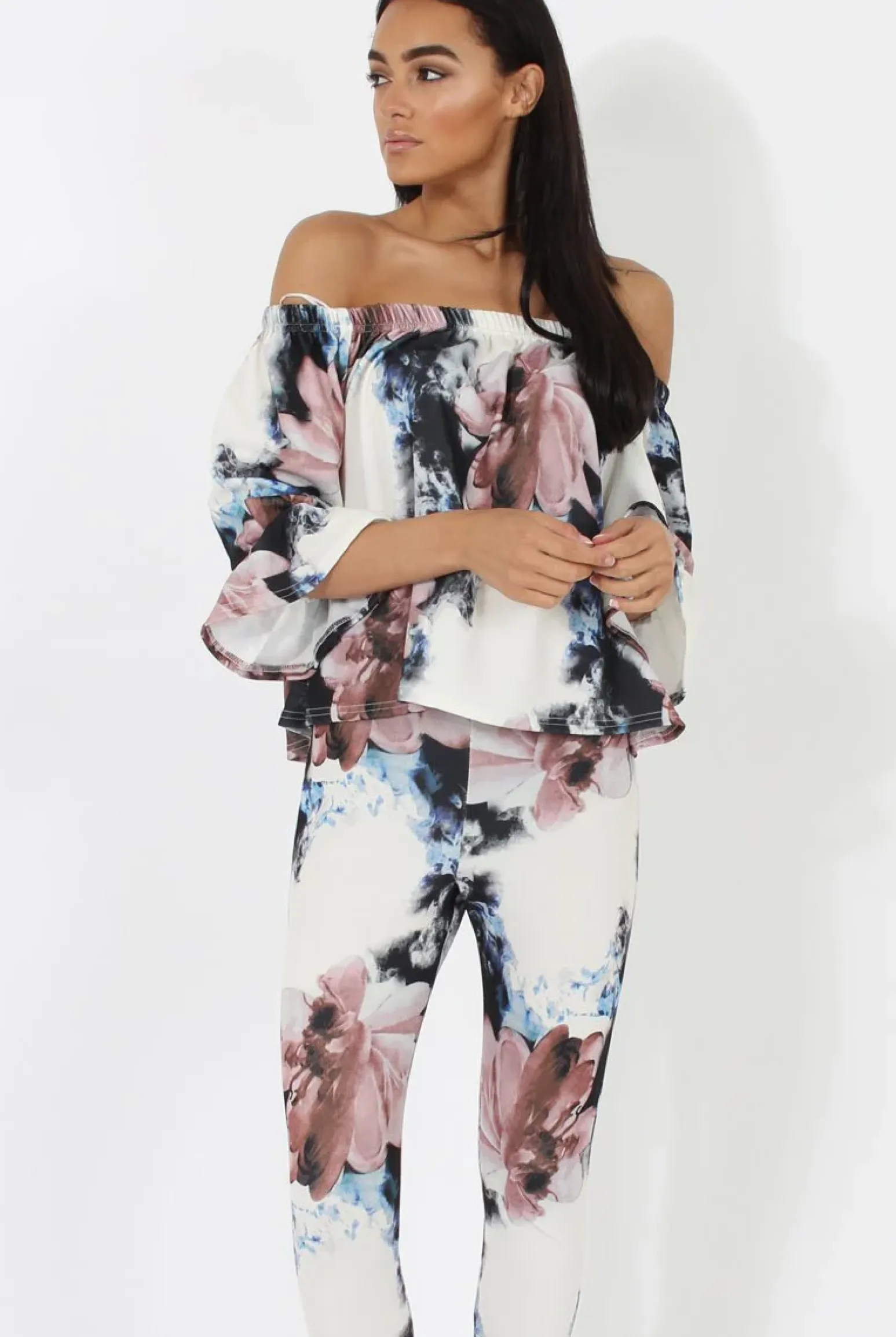 Rebellious Fashion Navy & Blush Floral off The Shoulder Co-ord- Lydia