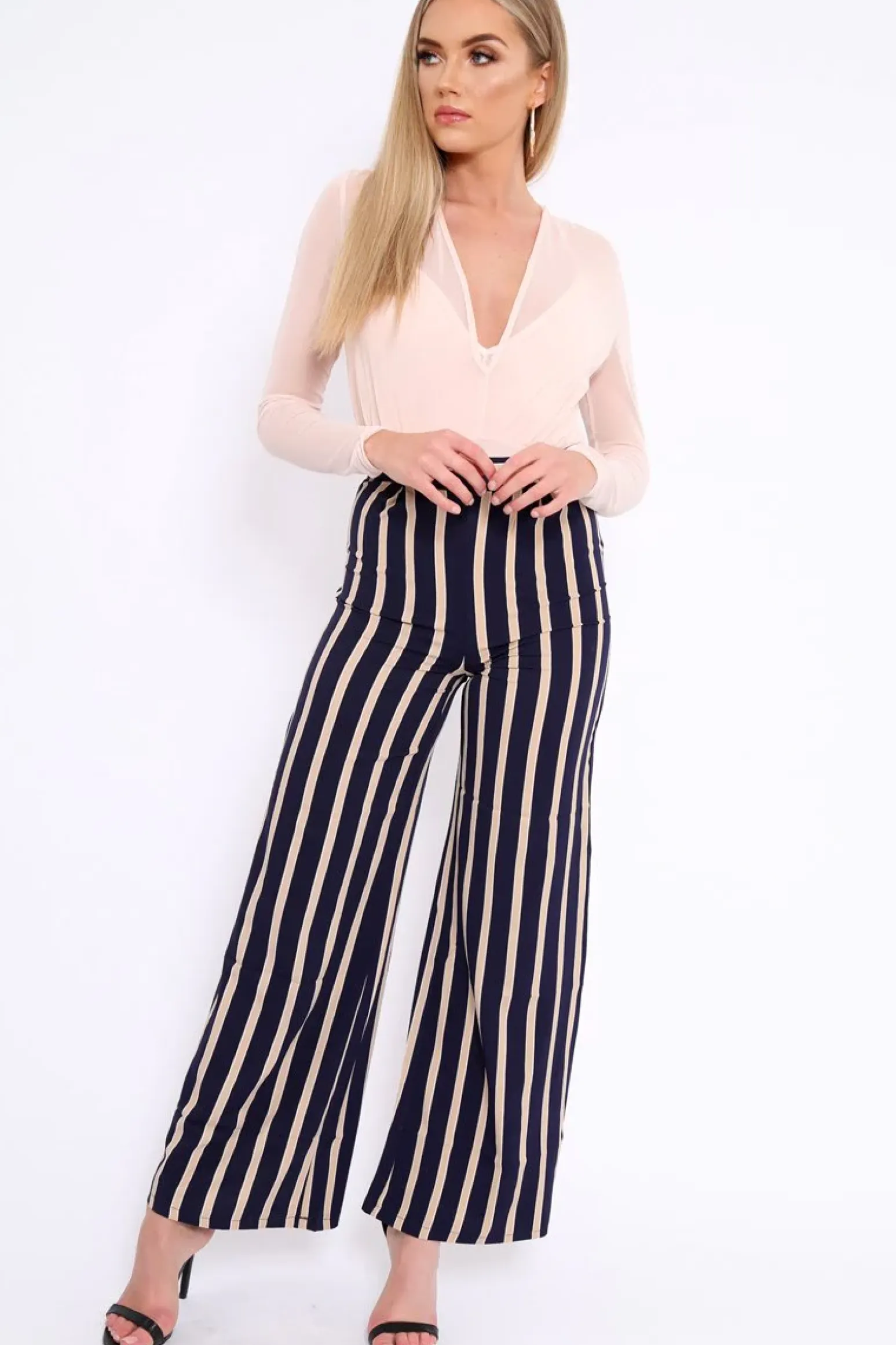 Rebellious Fashion Navy and Beige Striped High Waist Wide Leg Trousers - Clarabell