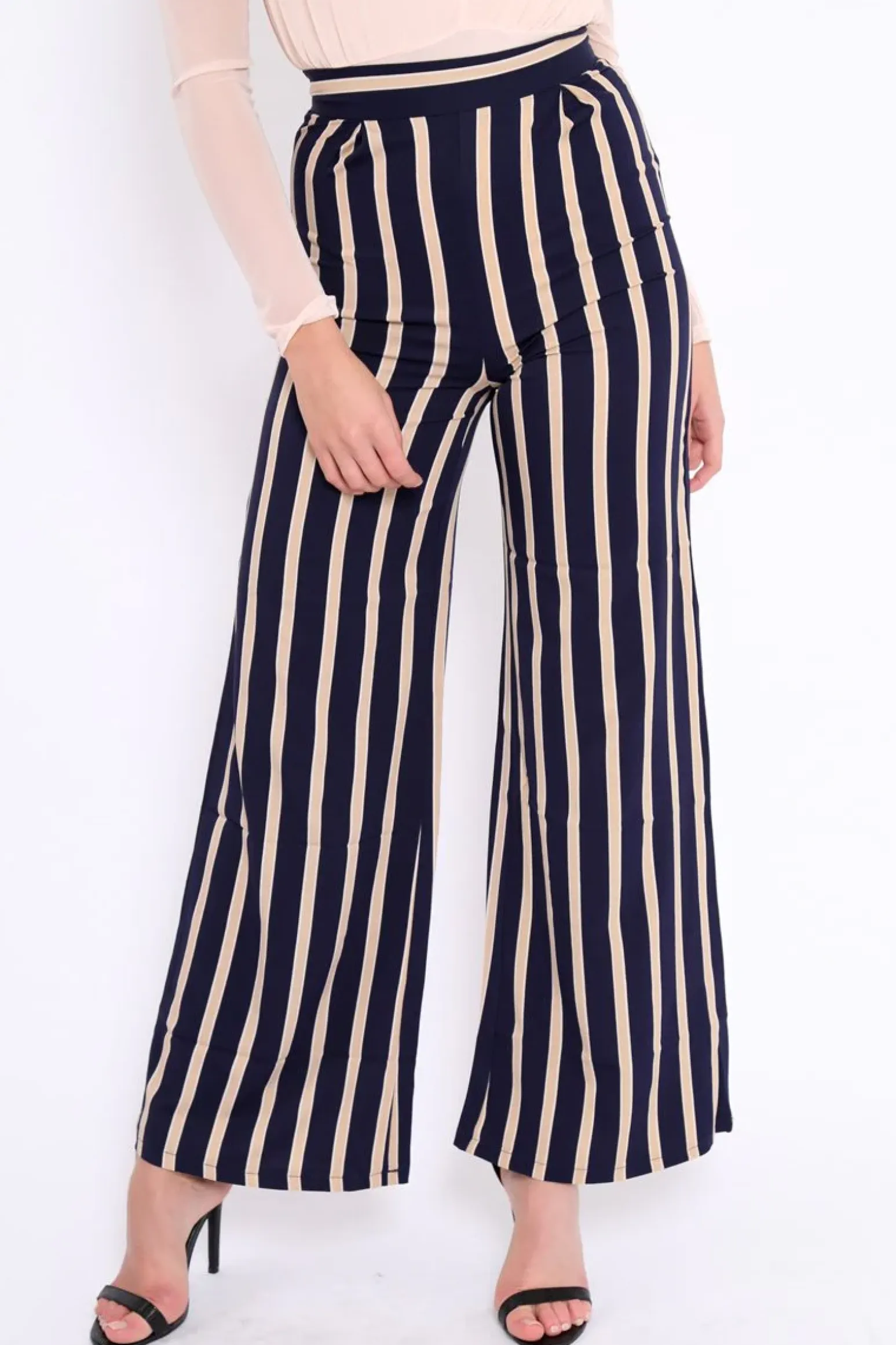 Rebellious Fashion Navy and Beige Striped High Waist Wide Leg Trousers - Clarabell