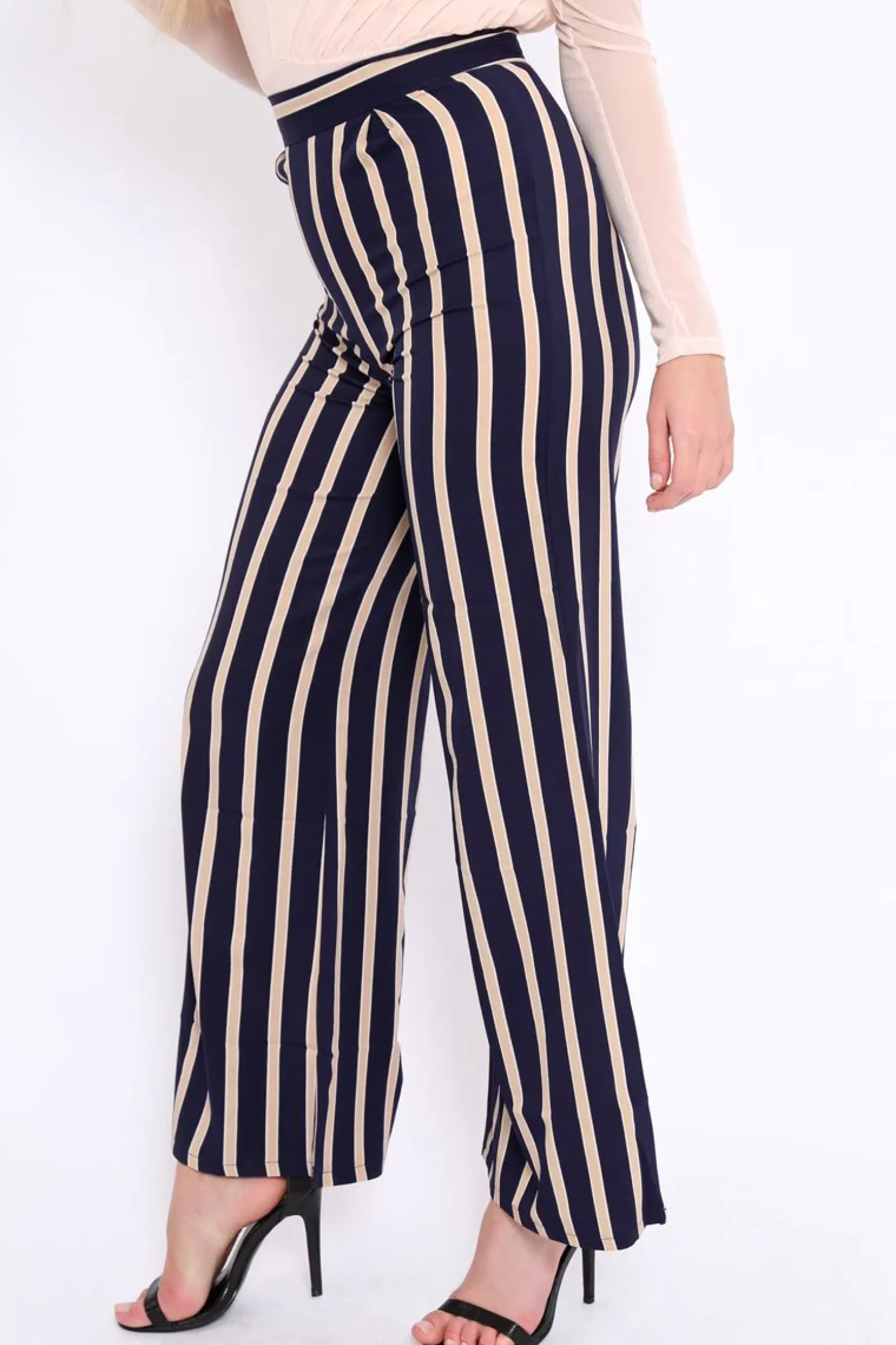 Rebellious Fashion Navy and Beige Striped High Waist Wide Leg Trousers - Clarabell
