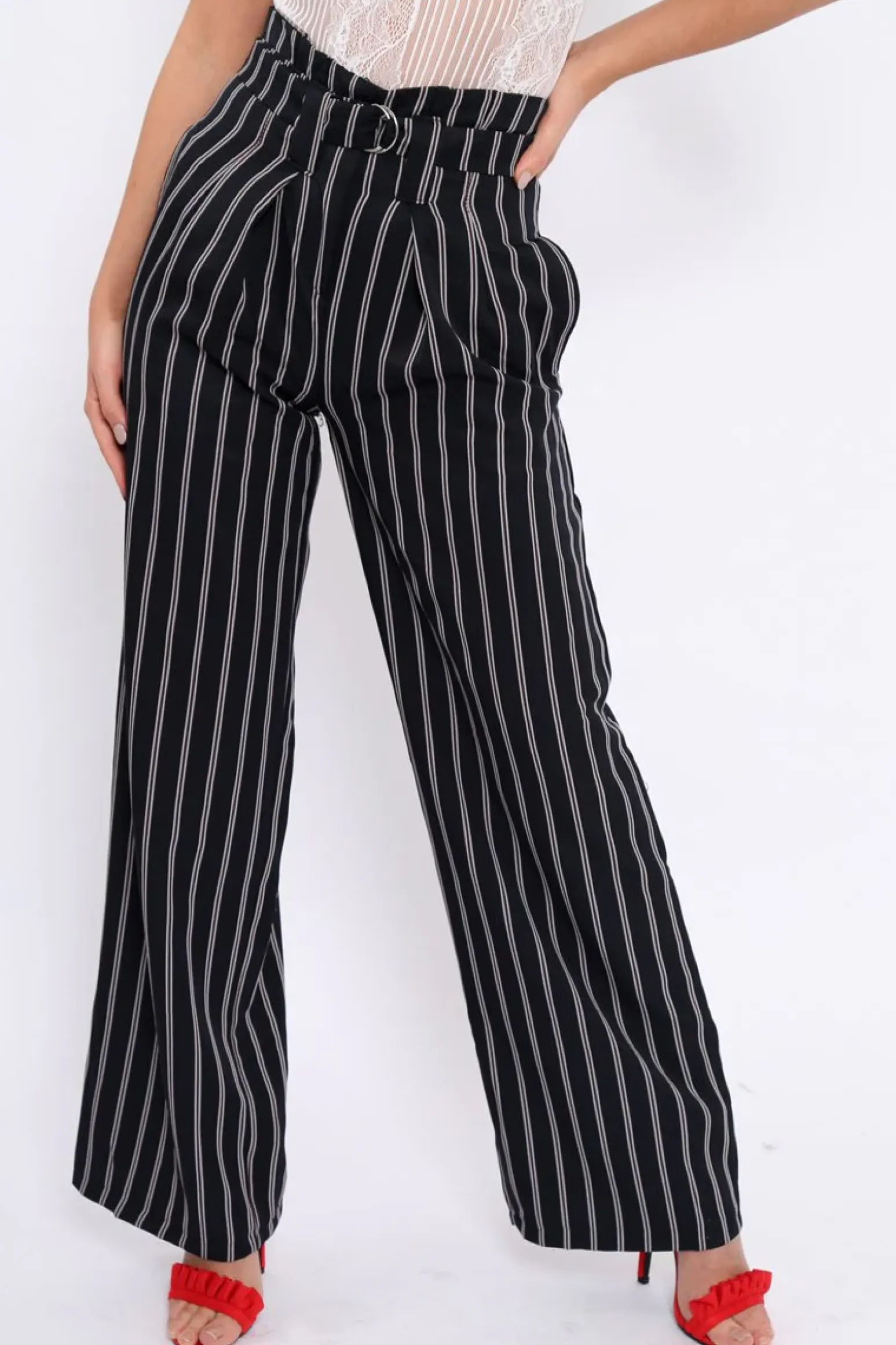 Rebellious Fashion Navy and Brown Striped Wide Leg Trousers - Nalia