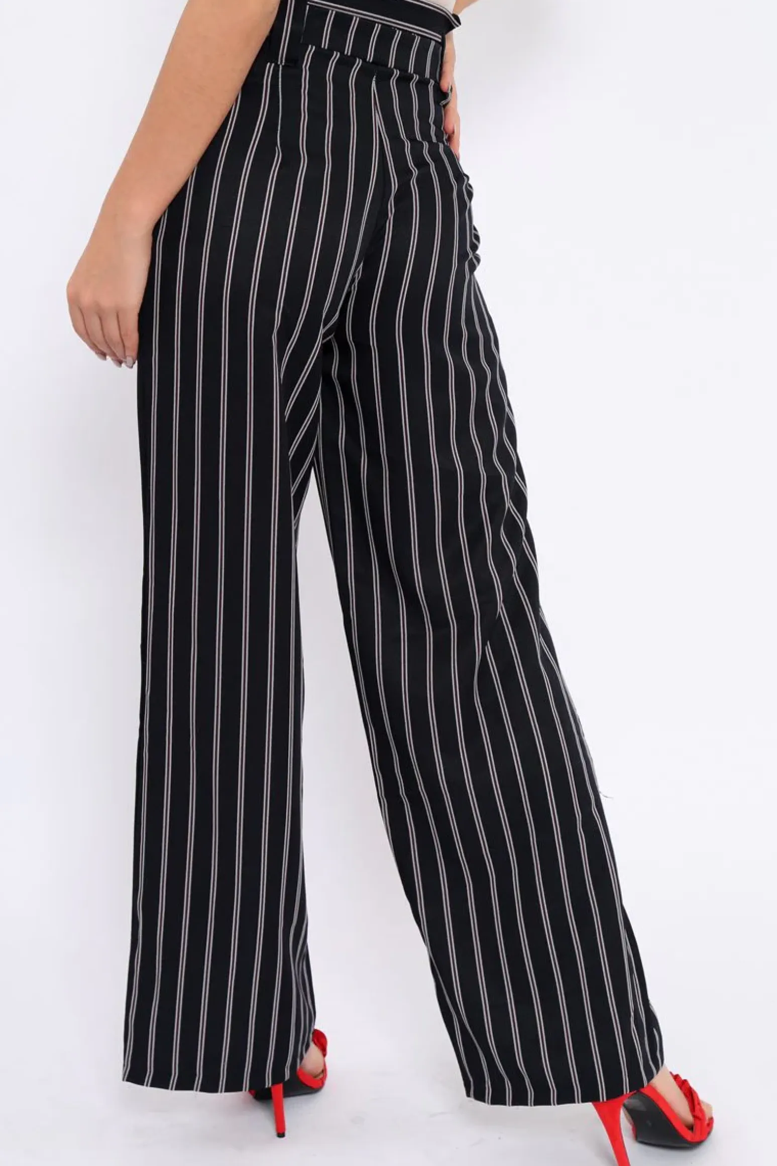 Rebellious Fashion Navy and Brown Striped Wide Leg Trousers - Nalia