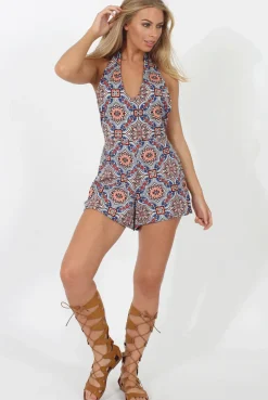 Rebellious Fashion Navy and Peach Tile Print Halterneck Playsuit - Kimmy
