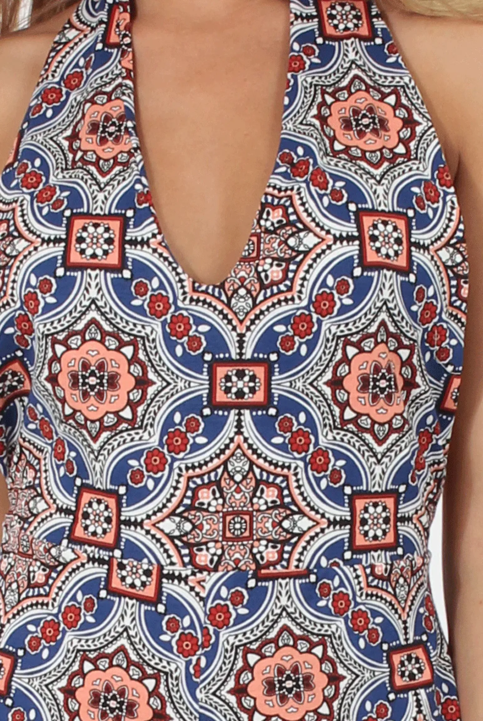 Rebellious Fashion Navy and Peach Tile Print Halterneck Playsuit - Kimmy