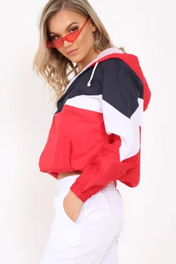 Rebellious Fashion Navy And Red Lightweight Hooded Zip Front Jacket - Brodi