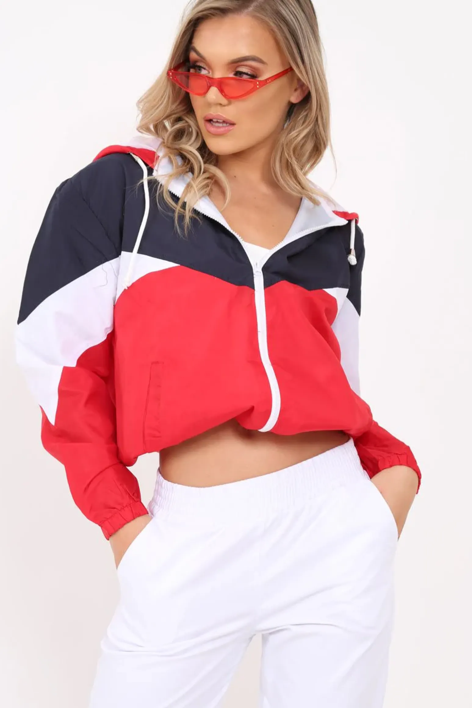 Rebellious Fashion Navy And Red Lightweight Hooded Zip Front Jacket - Brodi
