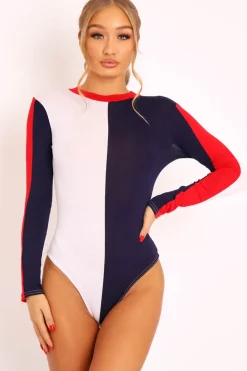 Rebellious Fashion Navy and White Contrast Long Sleeved Bodysuit - Lareen
