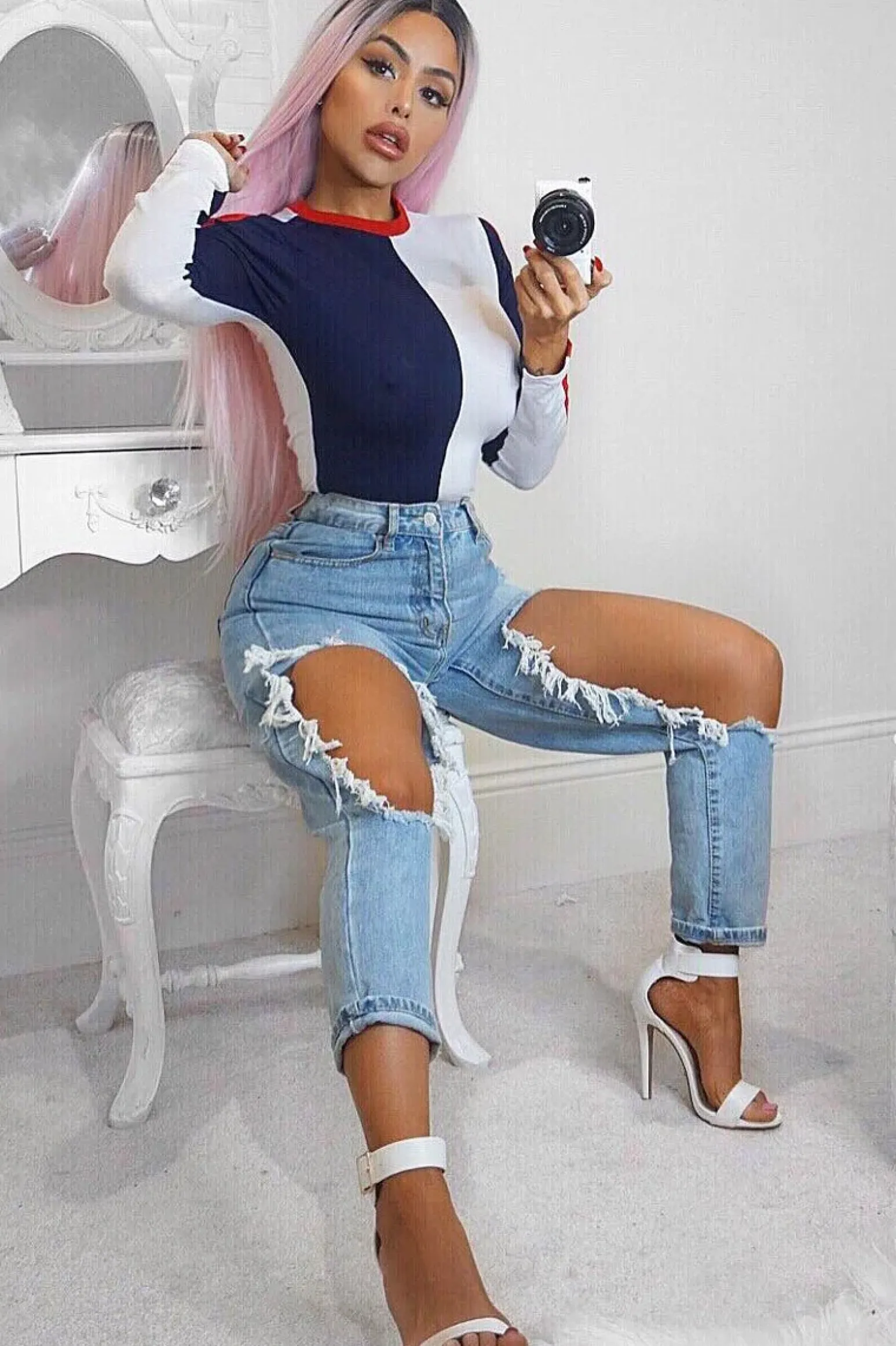 Rebellious Fashion Navy and White Contrast Long Sleeved Bodysuit - Lareen