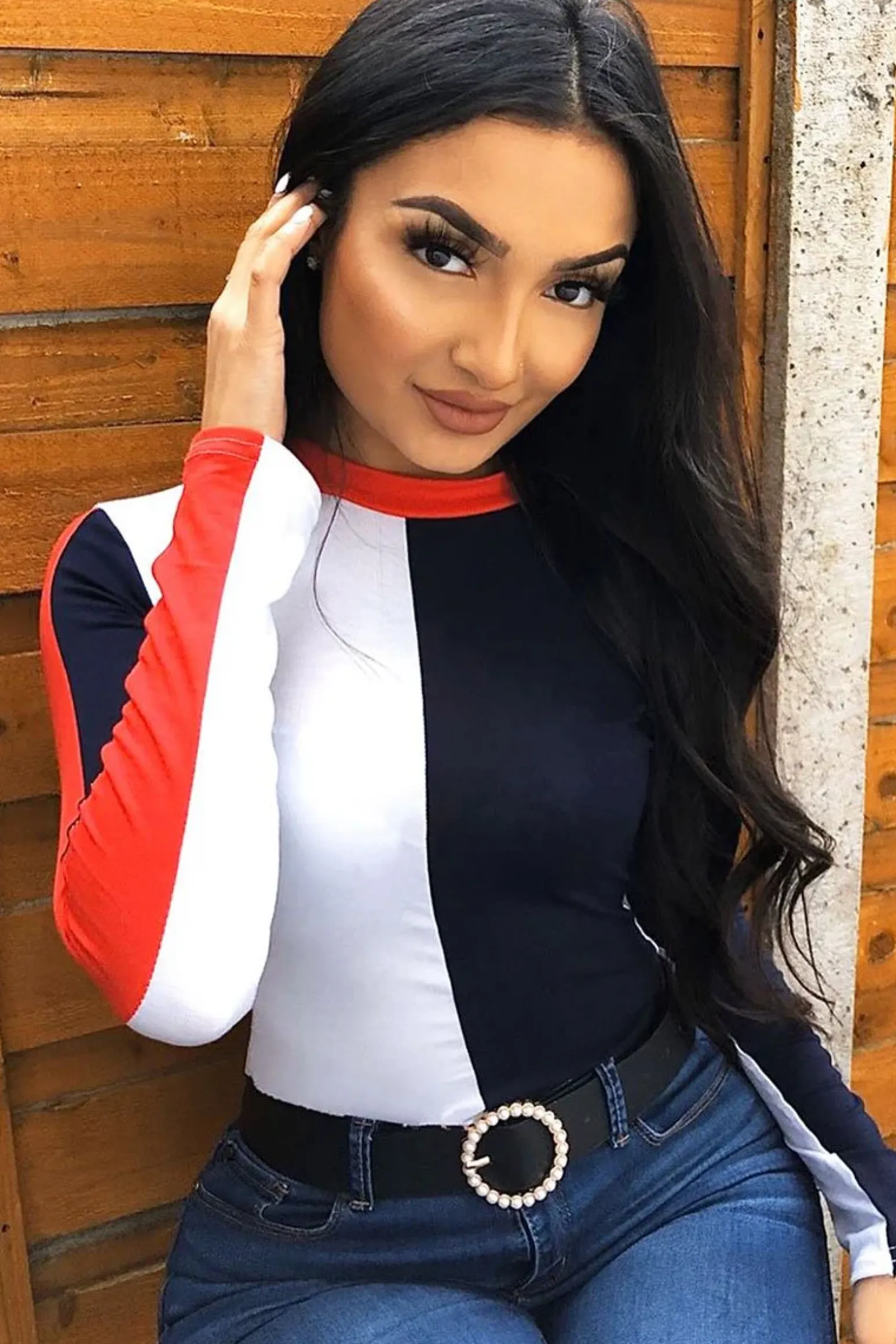 Rebellious Fashion Navy and White Contrast Long Sleeved Bodysuit - Lareen