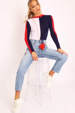 Rebellious Fashion Navy and White Contrast Long Sleeved Bodysuit - Lareen