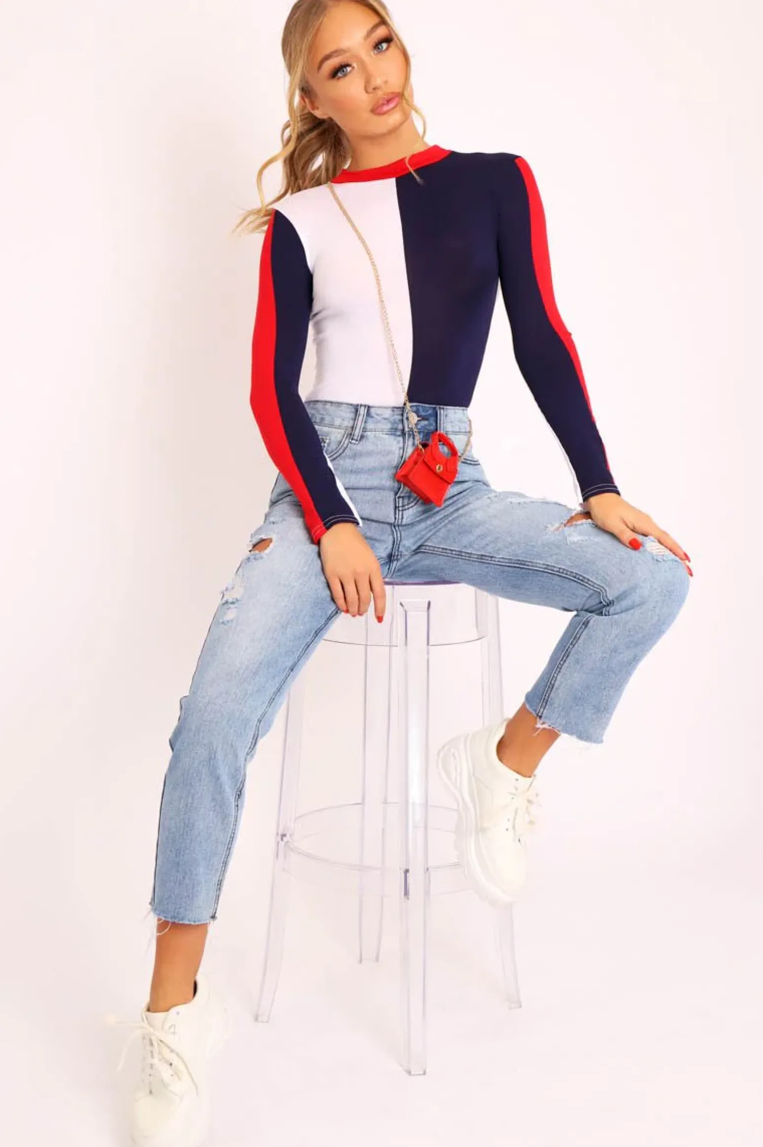 Rebellious Fashion Navy and White Contrast Long Sleeved Bodysuit - Lareen