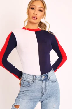 Rebellious Fashion Navy and White Contrast Long Sleeved Bodysuit - Lareen