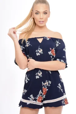 Rebellious Fashion Navy Bardot Floral Playsuit - Estee