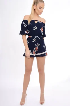 Rebellious Fashion Navy Bardot Floral Playsuit - Estee