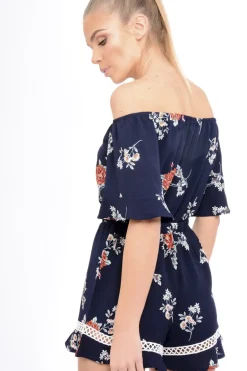 Rebellious Fashion Navy Bardot Floral Playsuit - Estee